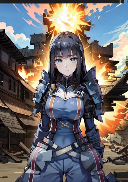 (masterpiece), best quality, 1 girl,solo, looking at viewer, ruins,  large breasts, upper body, war, explosion, gallia_uniform, <lora:gallia_uniform_80:0.9>,  arms behind back, <lora:KiryuinSatsuki:0.7>, Kiryuin Satsuki, black hair, blue eyes,