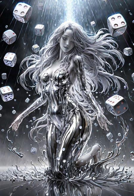 (masterpiece,best quality,ultra-detailed,best illustration:1.3), 1woman,  its raining dice, 1000s of white dice falling from from the clouds, full length metal body, silver liquid metal long hair, casino background,
silver LIQUID METAL