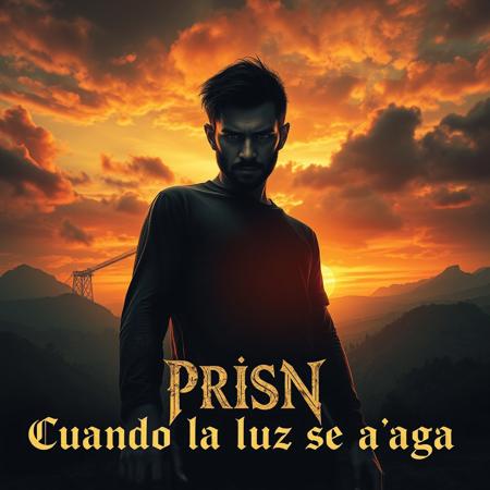 rock album cover for a melancholic rock about prison The walls shake with voiceless echoes,  
The monsters advance with ferocious gestures.  
He knows that the dawn will never come,  
while the gloom begins to bite him.life, , dramatic sunset, view from below, heavy  looking determined, album title "Cuando la luz se apaga"