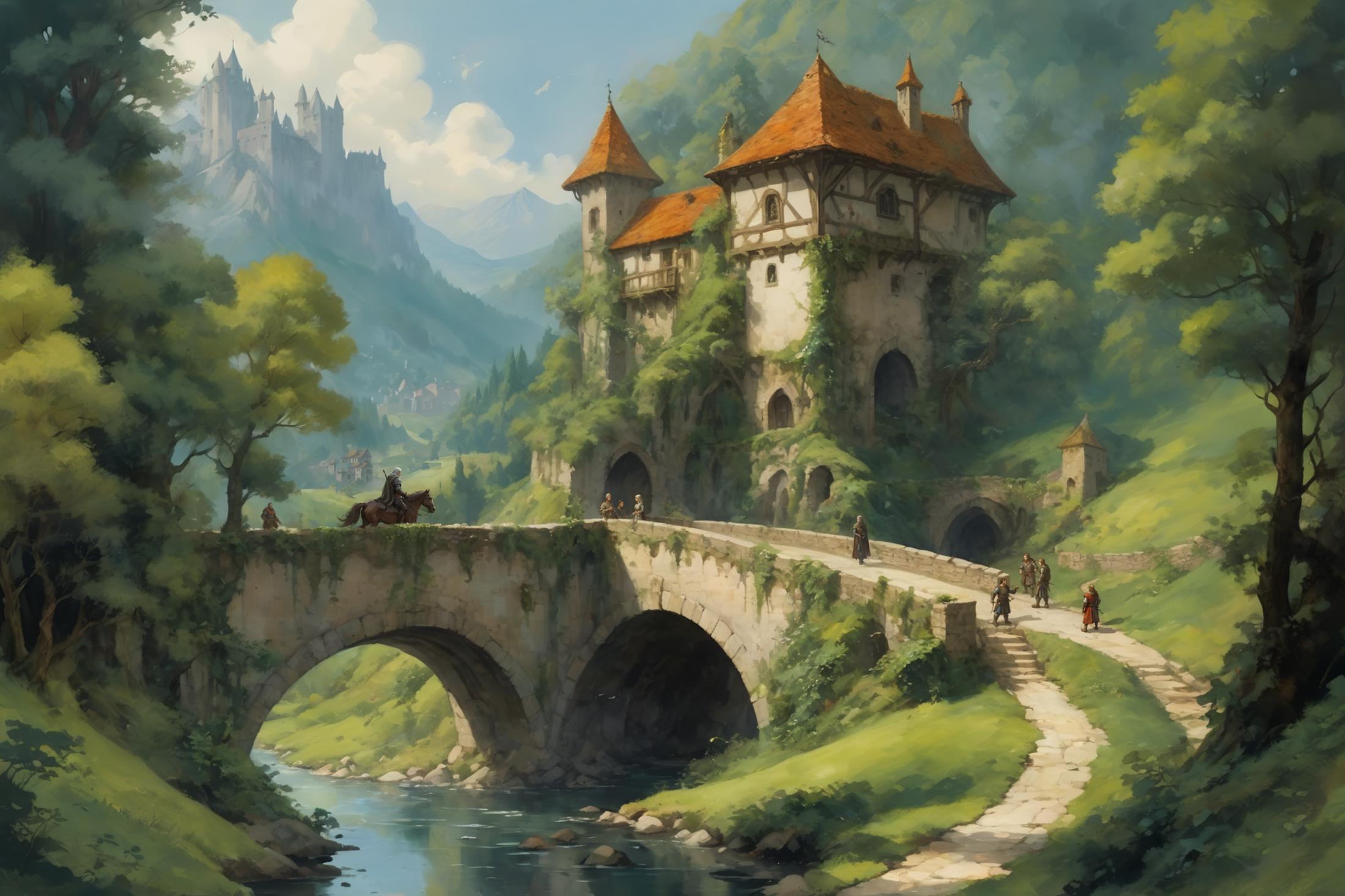 A painting of a medieval castle with a bridge and people walking