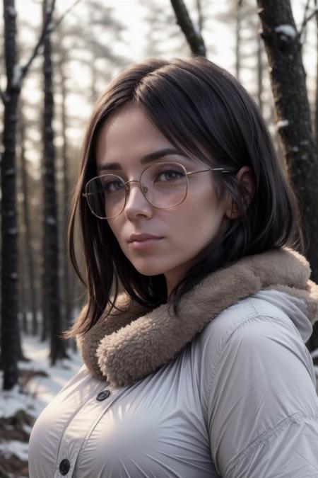 realistic portrait of a woman <lora:Agathe-Auproux_Xtroat_V3:0.7>, (facing us:1.3), glasses, soft light, sunny light, in winter forest, 8K, UHD