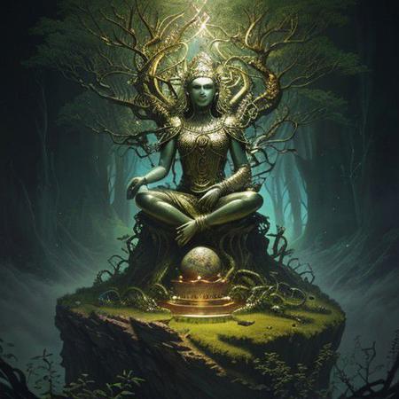 bronze mountain protrudes from the tall grass, 
a large statue of a stone native american woman with earth of a 50 year old woman blending into the mountain, 
has a globe on her belly that looks like the stone planet earth, 
shows the entire mountain, 
seated statue showing full body with large stone breasts, 
broken in the style of very ancient statue, 
covered with vines and moss, 
moss, 
face engraved with detailed signs in gold, 
fantasy, 
conceptual art, 
fantasy art, 
landscape, 
ethereal, 
symbolist painting, 
romanticism, 
impressionism, 
metaphysics, 
Seb Mckinnonby Matt Rota, 
by greg rutkowski, 
beksinski, 
giger, 
trends in, 
Lite Brite art, 
Wadim Kashin, 
by Quentin Matsys by Francis Bacon multicolored fog., 
Hannah Yata, 
by **Andy Kehoe** by Gustave Dorfantasy art 4K 64 megapixels resolution 8K HDR; volumetric lighting", 
Nikolina Petolas, 
Peter Gric, 
Dariusz Klimczak, 
surreal hallucinatory intricately detailed sharp focus", 
Watercolor, 
trending on artstation, 
sharp focus, 
studio photo, 
intricate details, 
highly detailed, 
by greg rutkowski