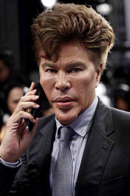 bogdanoff_bros, suit and tie, suit, talking on the phone, holding an object, <lora:bogdanoff_9:1>