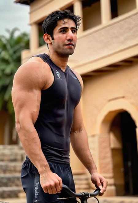 a photo of Gilles Marini a man <lora:varun-sood_Gilles-Marini:1>,  full-body from below, from side looking away, a muscular, (lean:1.8) (slender:1.4) (slim:0.0),  (bulgerk-soft:1.3), aesthetic physique, detailed face and body, sweaty, fitness champion wearing wet tank top and wet skimpy tight cycling shorts, in front of an ancient Mayan temple, extremely realistic, best quality, 4K, masterpiece, detailed, intricate, high quality, highres, filmic, masterpiece realistic, best high quality