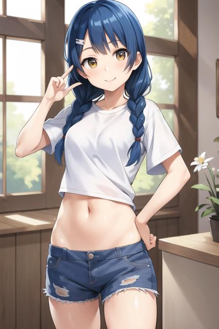 masterpiece, best quality, absurdres, standing, cowboy shot, (Tadokoro Megumi), twin braids, smile, indoors, t-shirt, shorts, tied shirt, navel