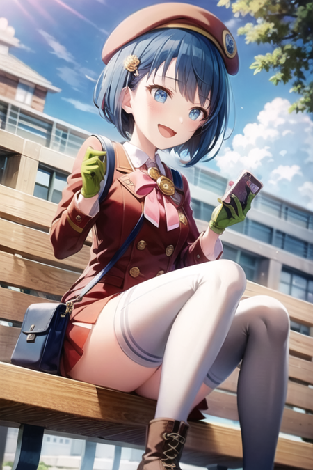 <lora:KiritaniHaruka-05:0.7> , kiriharu, 1girl, solo, blush, smile, short hair, open mouth, blue eyes, skirt, thighhighs, gloves, long sleeves, hat, bow, holding, sitting, blue hair, jacket, :d, boots, outdoors, frills, sky, day, cloud, bag, white thighhighs, tree, blue sky, bell, animal, beret, building, red headwear, red jacket, neck bell, brown gloves, handbag, shoulder bag, bench, badge