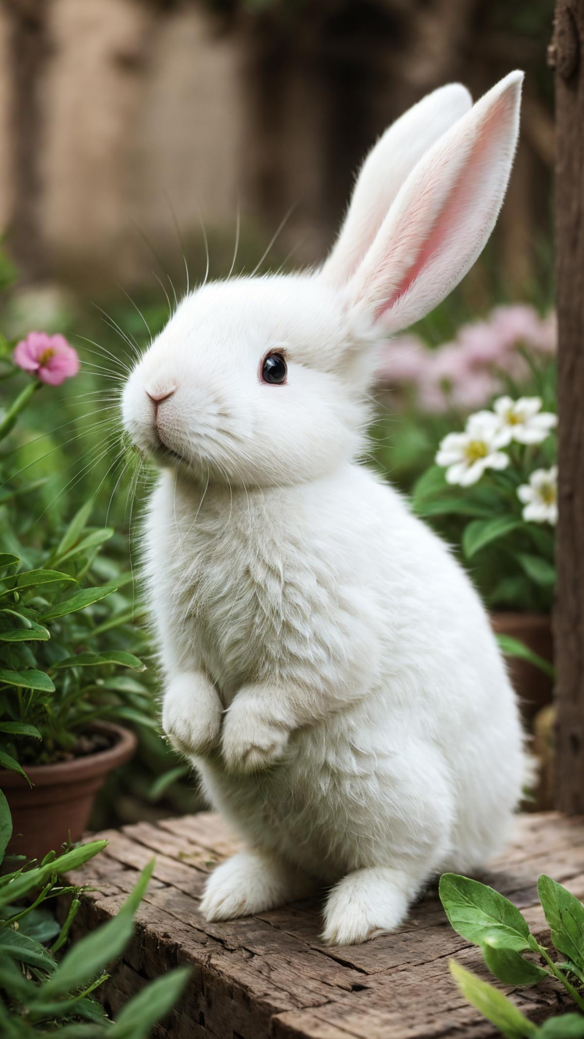 A small white rabbit with brown ears and a brown nose, standing in a garden among flowers.