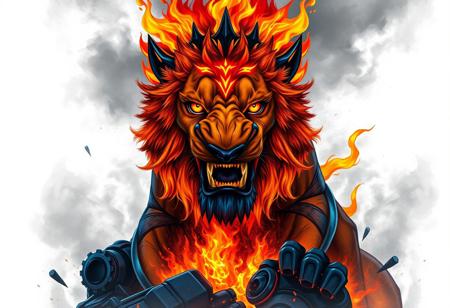 a close up of a fire lion on a Molten Destruction, few ultramarine highlights, portrait of a zentaur, venomfang, blue and black color scheme, trending on interfacelift, full view of face and body, extremely detailed brush, prince crown of black gears, fire lion, quick assembly, white solid bacgkround, median photoshop filter cutout vector behance, hd by artgerm, jesper ejsing, by rhads, makoto shinkai and lois van baarle, ilya kuvshinov, rossdraws, illustration, art by ilya kuvshinov and gustav klimt,hd,hq