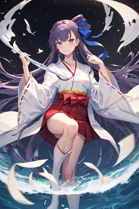 best quality, masterpiece, highres, solo, {white kimono:1.35}, {red hakama:1.35}, {wide sleeves:1.20}, {meltryllis_fgo:1.15}, long_hair, purple_hair, blue_eyes, bangs, ribbon, hair_ribbon, very_long_hair, breasts, blue_ribbon, small_breasts, blush, collarbone