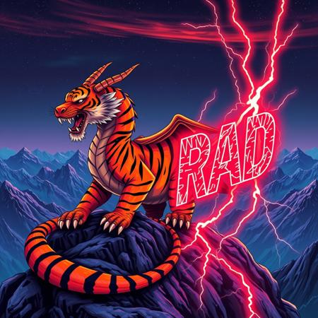 A tiger-striped dragon sitting on a mountain-top. Orange and black stripes.  Two horns.  Dragon Wings. Roaring.  Breathing fire.
Background mountains at night. Cosmic skyscape.  Synthwave colorscheme. Very realistic, fantasy illustration.
with the phrase "RAD" emblazoned in 3D, intricate, lightning patterns, with a predominantly neon colors,