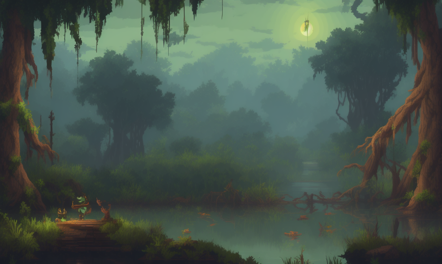 pixelart  video game environment, Produce an image of a steamy and dense swamp, with murky water, tangled vines, and the s...