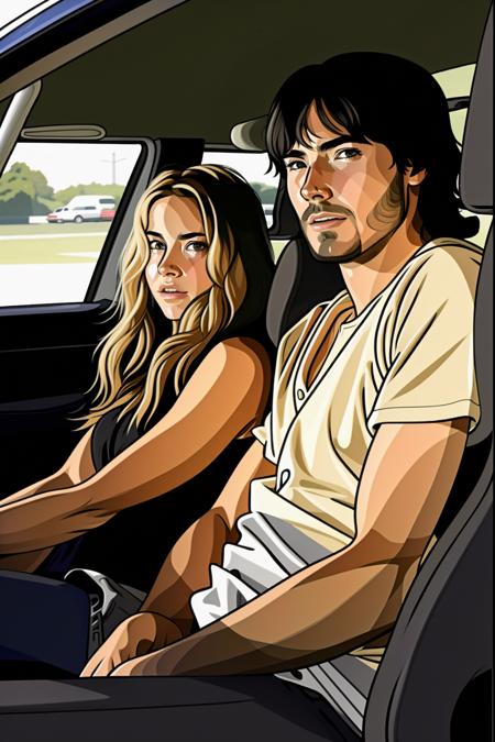 cell shading, drawing, a woman sitting in a car with a man sitting behind her , 1girl, long hair, blonde hair, brown hair, black hair, 1boy, lying, facial hair, car, car interior