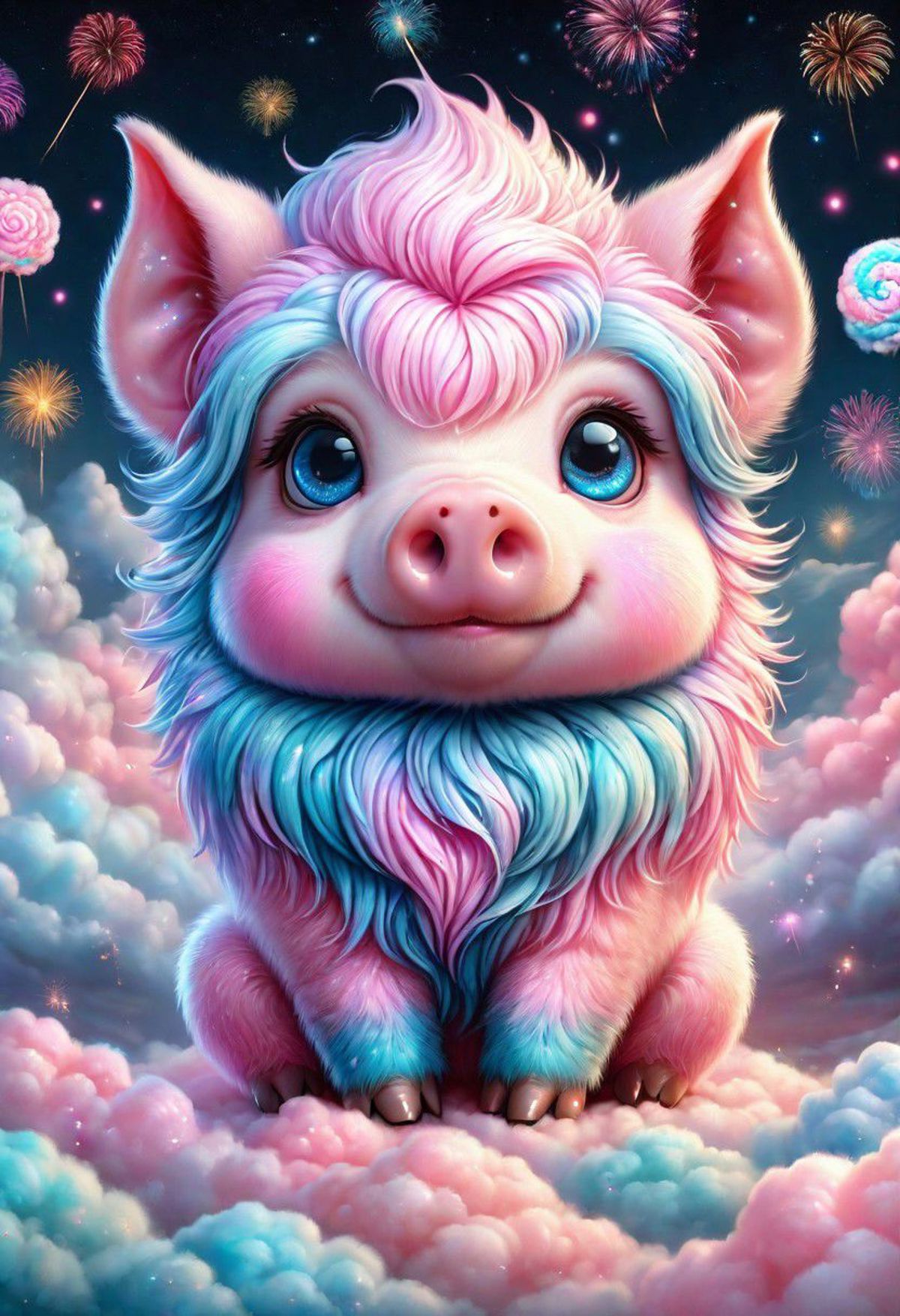 A pink and blue unicorn with a rainbow mane sitting on a cloud.
