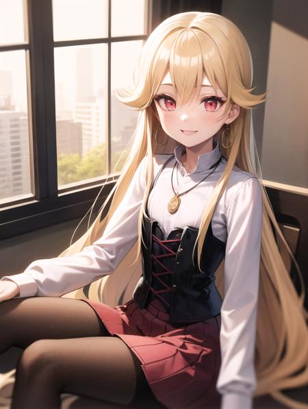 best quality, (masterpiece:1.2), illustration, absurdres,
(1girl, solo), (beautiful detailed girl), (upper body, portrait),,
<lora:Roselia-06:0.8>,  Roselia Millstein, blond hair, very long hair, red eyes, flat chest,
necklace, earrings, white shirt, long sleeves, red laced corset, long skirt, red skirt, purple pantyhose,  brown boots,
smile,
inside trendy cafe, window, day, godrays, sunlight, buildings,