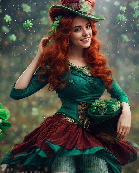 cinematic photo, 1girl, sexy, (red hair:1.7), blue eyes, ireland symbols, (green clover:1.7), green dress, pot of gold , (green hat:2),  <lora:glowingdust_20230806143817:0.4> photo_scale,  <lora:emotion_happy_slider_v1:3>,  <lora:WowifierXL-V2:0.7>,  <lora:breastsizeslideroffset:0.4>, <lora:add_detail:0.5>,  <lora:ClothingAdjuster3:-1>, 35mm photograph, film, bokeh, professional, 4k, highly detailed, best quality, instagram daily picture (masterpiece),((ultra-detailed)), (highly detailed CG illustration),(expressionless), (best quality:1.2), realistic8K UHD, High definition, High-quality texture, intricate details, absurdes, detailed texture, finely detailed, high detail, extremely detailed cg, High-quality shadow, photography quality, high detail, high quality
photographic,
fine texture,
RAW Photograph,
highly detailed skin with visible pores,
insane intricate detail,
8K, photography,
photorealistic,
realistic proportions, sharp
