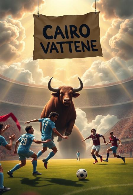 In a grand, celestial stadium filled with roaring clouds and beams of golden light, Diego Maradona, Gigi Meroni, and Valentino Mazzola are locked in an intense soccer match. Maradona, in his iconic blue Argentine jersey, moves with unmatched skill, while Meroni, in his Torino kit, dribbles with flair, and Mazzola, wearing his vintage Torino captain’s armband, commands the game with authority. The stadium is packed with a heavenly crowd, but among them are rowdy, ghostly hooligans waving scarves, shouting passionately, and banging drums, their chants echoing through the ethereal air.
A massive, burgundy bull stands just outside the field, snorting aggressively, its muscular form glowing in the light, representing raw energy and strength. Its presence adds tension, as if symbolizing the ferocity of the sport and the fans.
Above the stands, a large, hand-painted cardboard sign hangs—‘CAIRO VATTENE’—the black letters uneven and bold, echoing the frustration of fans. The hooligans, rowdy and vocal, chant in support, waving banners and flags, creating an atmosphere of protest within this heavenly arena.
The players remain focused, sweat beading on their faces, as if this match is just as critical as any they played in life. The mix of celestial beauty, the intense energy of the hooligans, the looming bull, and the rebellious protest sign creates a scene of passion, sport, and defiance