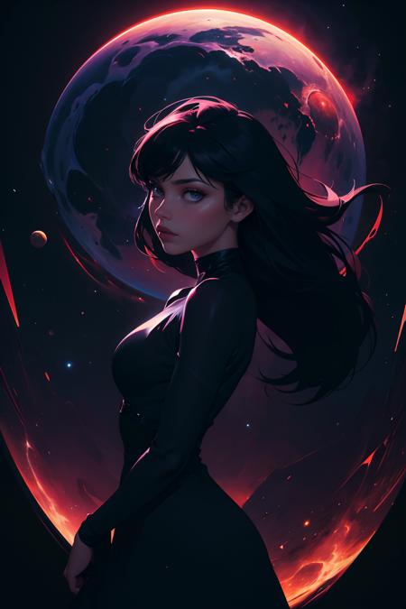 highres, masterpiece, perfect lighting, bloom, cinematic lighting, adult, female, looking at viewer, (abstract art:1.3), (dark theme:1.2), art, stylized, deep shadow, dark theme, cosmic dress, cosmic beauty, in space, nebula