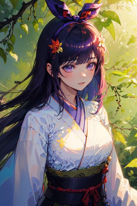 ((masterpiece,best quality)),1girl, blurry background, branch, dappled sunlight, flower,  hair flower, hair ornament, japanese clothes, kimono, leaf, (maple leaf:1.9), obi, outdoors, sash, solo, sunlight, upper body beautiful face,dark purple hair,light purple eyes,zoom in on eyes,long hair,sideburns,straight hair,face to face,dark purple streaked hair,upper body, manly,medium breasts, manly,mature female,voluptuous,(bow hairband), <lora:BellaV3:0.8>,