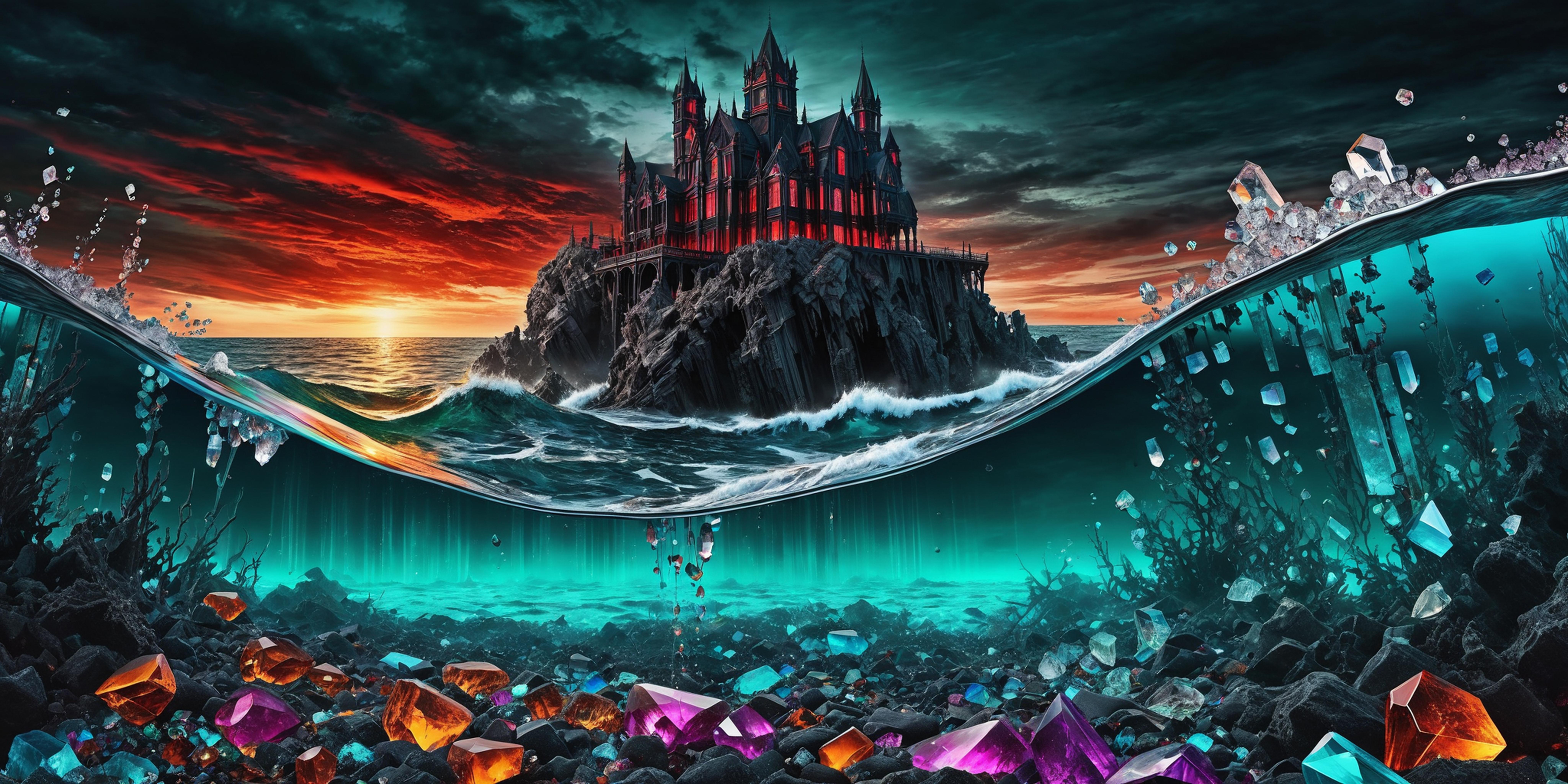 Ocean waves crashing against a castle with a rocky base and a sunset in the background. The castle is surrounded by rocks and gems, creating a picturesque and dramatic scene.