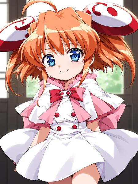 rizel, blue eyes, ahoge, orange hair, hair ornament, bangs, sidelocks, flat chest, short stack, indoors, frill, white dress, capelet, bow, buttons,