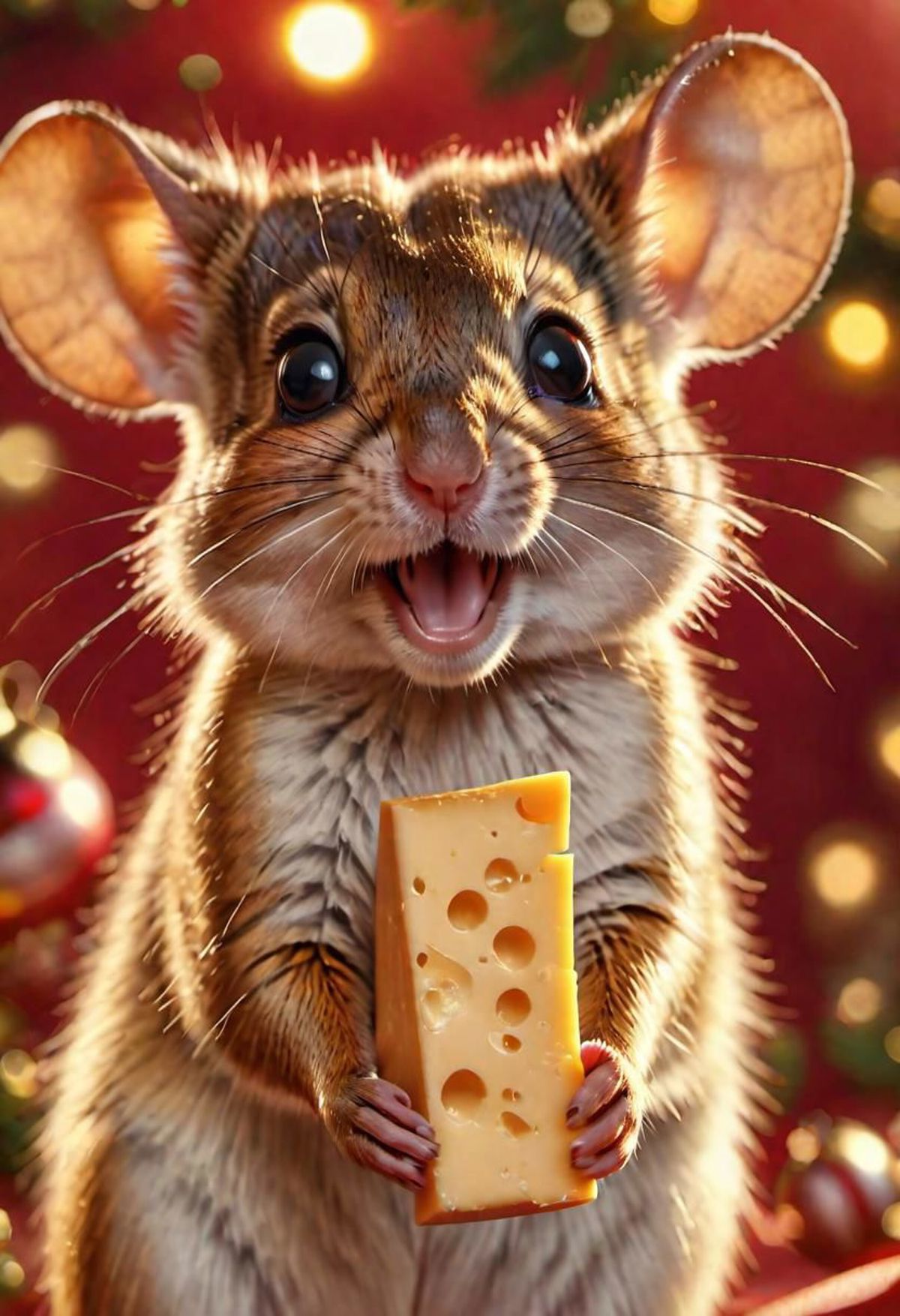 A cute little hamster holding up a piece of cheese.