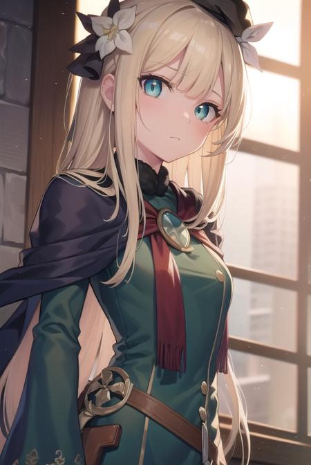 fgoreines, <lyco:reines-lyco-nochekaiser:1>,
reines, blonde hair, (green eyes:1.5), long hair, bangs, blunt bangs, (small breast:1.2),
BREAK beret, black headwear, black ribbon, blue dress, brown gloves, dress, flower, fur collar, fur trim, fur-trimmed sleeves, gloves, hair flower, hair ornament, hair ribbon, hat, long sleeves, ribbon, rose, tilted headwear, white flower, white rose,
BREAK looking at viewer,
BREAK indoors,
BREAK <lyco:GoodHands-beta2:1>, (masterpiece:1.2), best quality, high resolution, unity 8k wallpaper, (illustration:0.8), (beautiful detailed eyes:1.6), extremely detailed face, perfect lighting, extremely detailed CG, (perfect hands, perfect anatomy),