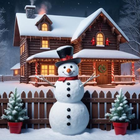 snowman near a wooden fence with cardinals, background Christmas tree and snowy house, illuminated with smoke coming out of the chimney