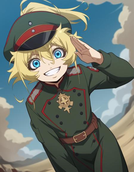 <lora:tanya-degurechaff-anime-ponyxl-lora-nochekaiser:1>, tanya degurechaff, short hair, blue eyes, blonde hair, hair between eyes, sidelocks, ahoge, ponytail, short ponytail, tanya degurechaff, long sleeves, hat, belt, uniform, military, military uniform, peaked cap, military hat,