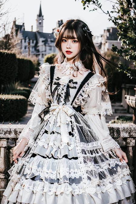 realistic, photorealistic, masterpiece, best quality, top quality, ultra high res, lolita_dress,   1girl, solo, slim, looking at viewer, cowboy shot, long hair, standing, dynamic pose, detailed background, in garden, castle, netural lighting, (pureerosface_v1:0.5), <lora:Cute Asian Face:0.2>, <lora:chinaDollLikeness_v10:0.7>, <lora:lolita_fasion_dress_classic_style2:0.7>