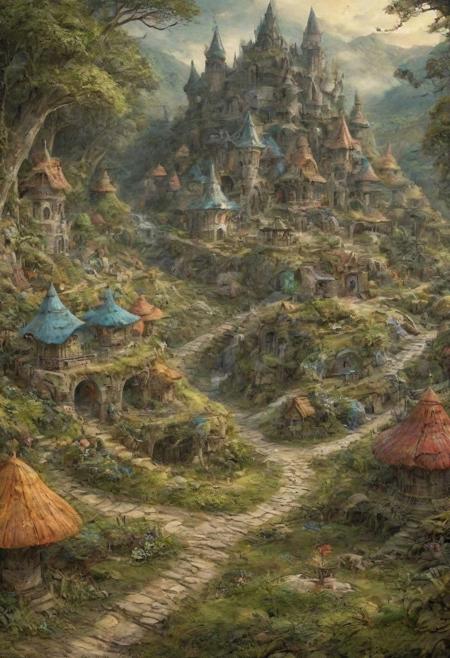 sunny landscape of a bright fairy village,filled with ethereal mystery amidst fantastical elements that captivate viewers in an enchanting manner.,
surreal,ethereal,dreamy,mysterious,fantasy,highly detailed,<lora:   _ FantacyWorld_v1.0:0.5>,