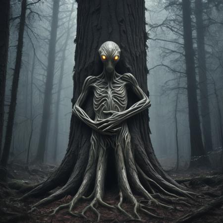 A haunting surreal image of a tree in a dark forest, entwined with human arms and hands gripping its trunk at various heights. The source of the arms is revealed as an alien figure merging with the tree, its form eerie and unsettling. The alien's appearance is mysterious, with pale, glowing eyes and a body partially blended into the rugged bark. The muted tones of the forest and subtle lighting enhance the otherworldly atmosphere, evoking themes of entrapment, desperation, and a chilling connection between humanity, nature, and the unknown.