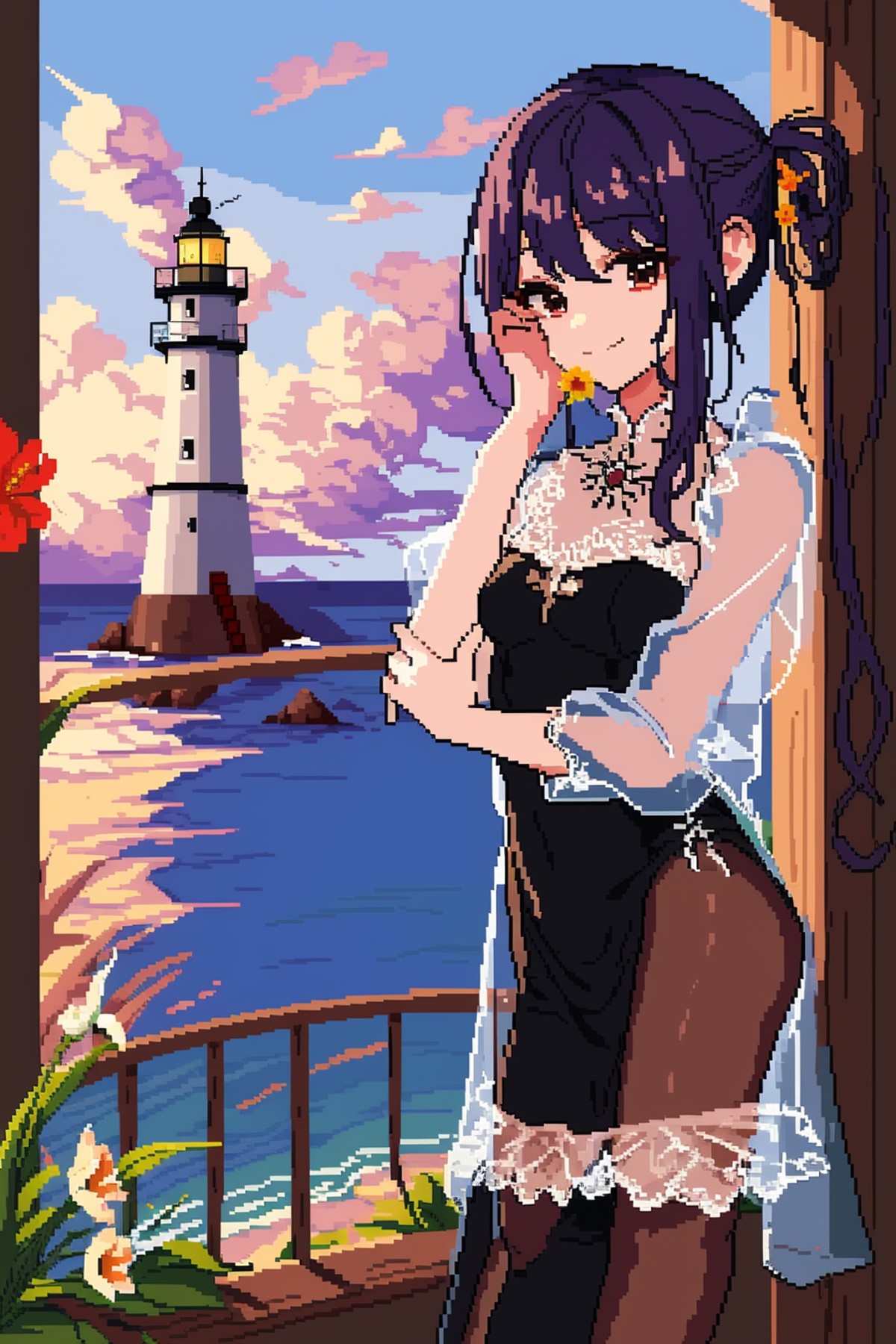 pixel art,masterpiece, best quality,smile,closed mouth,fusion,smelling flower,lighthouse,see-through,hair pulled back,body...