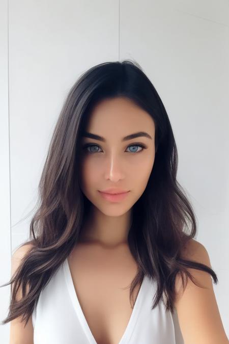 instagram selfie , a 23 year old gorgeous woman , slight smile , detailed skin face and eyes , natural lighting , at home , long hair, topless , film grain, low contrast, natural face , freckles , black hair , blue eyes, dark circles under eyes