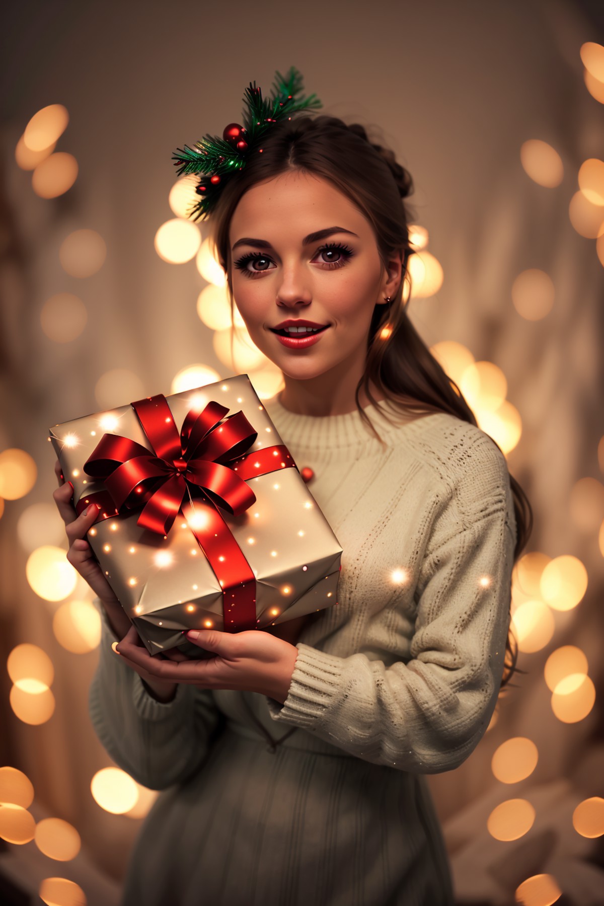 <lora:Xmas3:0.8> Xmas woman holding a neatly wrapped christmas gift, christmas style background, (string lights:0.4)