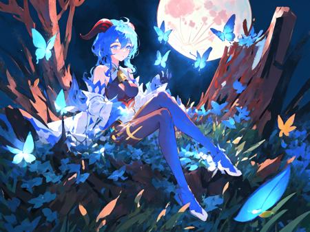 (mksks style), masterpiece, best quality, ultra-detailed, illustration, 1girl, ganyu, twin horn, night time, moon light, siting on grass, blue luminous butterfly, full body, bare shoulder, bodysuit,{beautiful detailed eyes} <lora:ganyu:0.65>