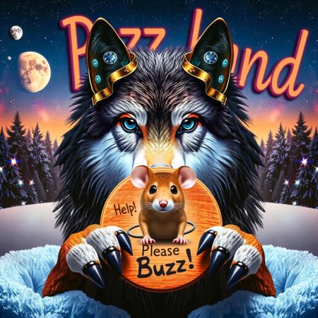 SFW; masterpiece, intricate photo. realistic real wolf in a snowy landscape surrounding holding a small wooden plate with his realistic wolf paws where is written on "Please Buzz!"; Mouse is sitting between the ears and holding a sign with "Help!"; in the background are a forest, in the skies are stars, planets, galaxies, nebulae; in the sky is in neon letter written "Buzz Land". highly detailed, sharp focus, photo realistic, hyper realistic, best quality, high resolution, HDR, colorful, cozy outdoor lighting, 8K