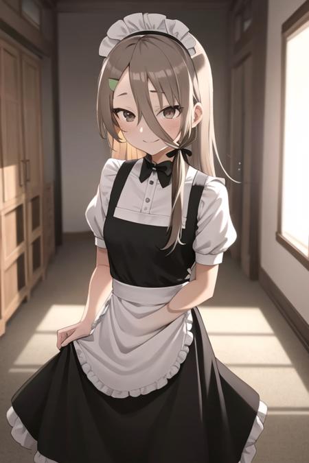 masterpiece, best quality, <lora:mikage_sakurako:0.7> mikage_sakurako, 1girl, solo, brown eyes, brown hair, long hair, hair between eyes, hair ribbon, hairclip, long hair, light smile, maid, maid headdress, maid apron,