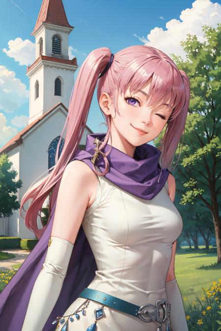 masterpiece, best quality, serra, purple eyes, long white dress, sleeveless, elbow gloves, purple scarf, belt, upper body, field, church exterior, outdoors, sky, smile, smug, looking at viewer, one eye closed, one eye open, winking, head tilt <lora:serra-nvwls-v2-000010:0.9>