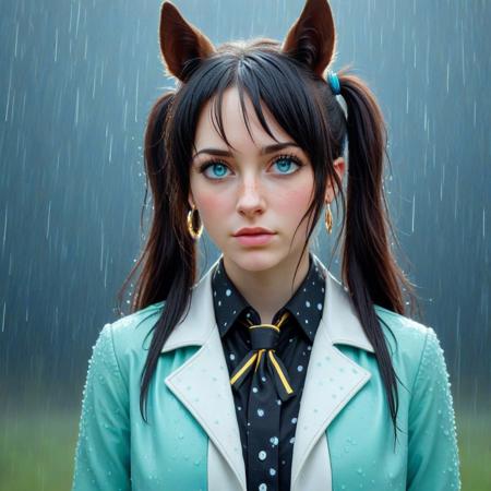 (buzz, 1girl, ), hair_between_eyes, hair_ornament, horse_ears, horse_girl, jacket, jewelry, long_hair, necktie, ponytail, rain, shirt, single_earring, solo, upper_body, wet,tearStyle2,tensen_\(dotted_line\) artist style, umamusume, symboli_kris_s_\(umamusume\), animal_ears, aqua_eyes, black_hair, black_shirt, blue_eyes, brown_hair, closed_mouth, collared_shirt, earrings, green_jacket,