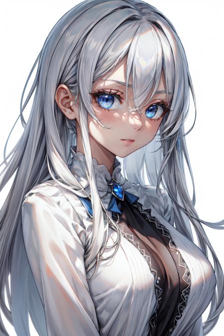 Volumetric Lighting, Best Shadows, (masterpiece, best quality:1.3),ultra-detailed,clear skin,1girl,solo,(white background:1.3), (simple background:1.3), long hair, gray hair, *//*, blue eye, *//*, white blouse, looking at viewer,