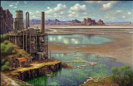 (impressionism:1.15), salt flat, Cliff/Bluff, industrialism, (Vincent Di Fate:1), rural, a painting,scene painting,scenery, water,ladder,2d game scene,industrial pipe,plant, <lora:å·¥ä¸è¸æ±½:0.7>,