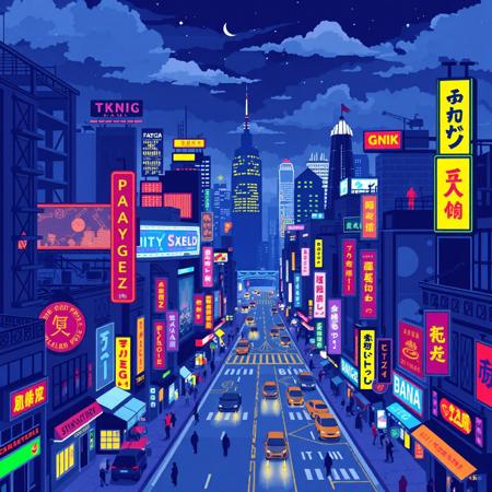 A pixel art rendition of a bustling cityscape at night, with neon signs illuminating the streets.