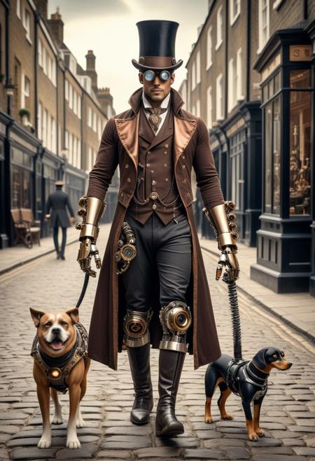 An elegantly dressed cyborg man with a mechanical arm on a cobblestone street in 18th century London.  Muscular, broad-shouldered, tall, qu4ntum, steampunk, top hat, goggles, leather gloves, large cyborg dog with robot eye and top hat walks beside him.
busy street scene.
score_9, score_8_up, score_8, award winning photography, high quality details, high contrast, bokeh, sepia tone, highly detailed, textures.
Photo realistic, sharp detail, high quality image with incredibly detailed machine parts, brass, copper, steel, perfect focus, depth of field, steampunk detailing.