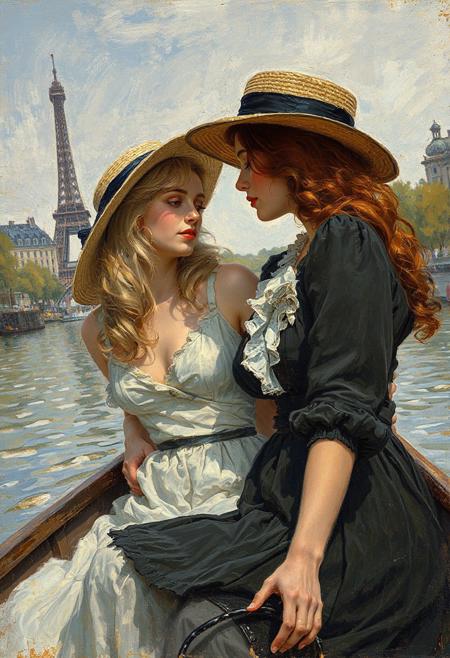lesbian lovers in a boat on the Seine, 19th century Paris, in the Impressionist style of Renoir, blonde, brunette, copper hair, French boater hat, English boater hat, slim, full figure, 18yo, 35yo, dress, blouse and skirt