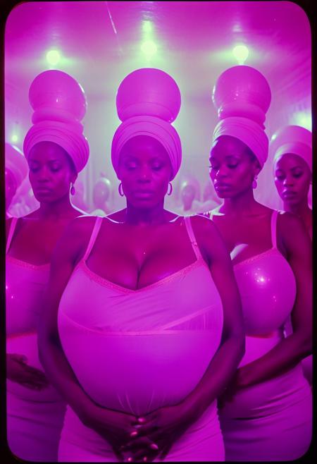 ()Hyoer Realistic:2.0)Polaroid picture of 
a hyper realistic Movie Still of (80 years old ((busty:1.3)) (((african american))) women) 
  a Mississippi Baptist church parking lot  where a group of stunning, elderly black women, (Hyperpregnant:3.0)  resplendent in their finest Sunday attire, (Squatting showing their ass)  around a circle of new recruits. The women's faces exude warmth, wisdom, and a hint of mystique, as they gaze intensely at the newcomers.
With gentle, soothing voices, they begin to speak in unison, their words weaving a hypnotic spell that draws the recruits in.
The recruits' faces slacken, their eyes glazing over as they succumb to the sisters' mesmerizing power. The women's message is clear: join their sisterhood, and you shall be empowered to raise your family without the need for a man. Capture the surreal, captivating atmosphere of this scene, where the boundaries between faith, sisterhood, and mind control blur.
BREAK (wearing ((semi-transparent)) very high platforms::0.9) ((Woman Fully Visible Full Body Photo)) Film Still:1.50), a hyper realistic Movie Still of elderly (80 years old ((busty)) black women)