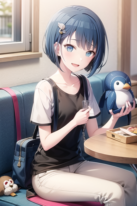 <lora:KiritaniHaruka-05:0.7> , kiriharu, 1girl, solo, blush, smile, short hair, open mouth, blue eyes, shirt, sitting, blue hair, collarbone, white shirt, short sleeves, pants, indoors, bag, cup, sparkle, bird, stuffed toy, table, stuffed animal, couch, drinking straw, handbag, penguin, stuffed penguin