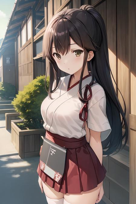 iks_akagi, 1girl, white_legwear, masterpiece, best quality, delicate details, refined rendering, solo, looking at viewer, japanese building, courtyard, outdoors,
 <lora:AkagiKancolle_V10:0.8>,