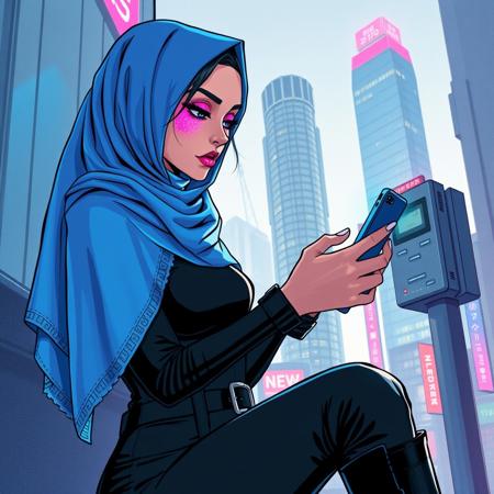 Generate a Wonder AI draw prompt for a cyberpunk-themed illustration. Envision a teen girl in a luminous blue hijab with pink glitter lipstick and luminescent pink eyeshadow. Her black hair, showing from under the hijab, has luminescent blue highlights. Dress her in a tight black turtleneck, tight pants with belts, and high boots. Picture her using a handheld computer to hack into a terminal outside a corporate building in the futuristic cityscape of Neo Tokyo. Capture the intensity and focus of the hacking scene within the cyberpunk setting.