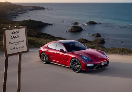 1porsche-panamer,bright red color,right front view,  in front of a ocean,  with a sign on it's side that says cafe del margheri<lora:lora-majic-2porsche-panamer2.1-000029:0.8>