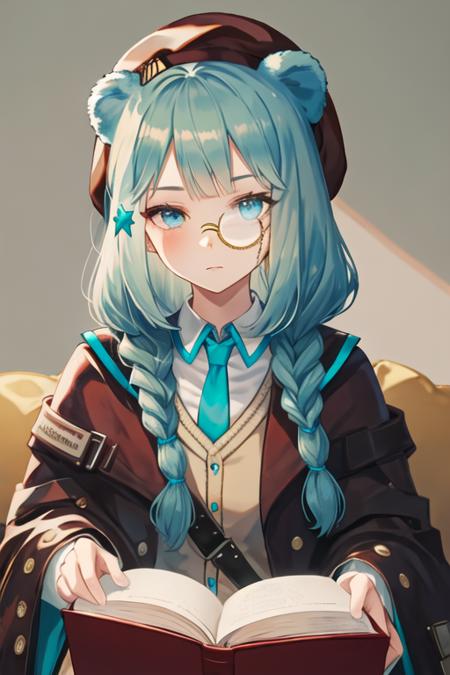 best quality, masterpiece, highres, solo, {istina_arknights:1.15}, animal_ears, bear_ears, long_hair, hair_ornament, monocle, bangs, braid, blue_eyes, blue_hair, star_\(symbol\), star_hair_ornament, hat, brown_headwear, book, beret, upper_body, aqua_hair, necktie, single_braid